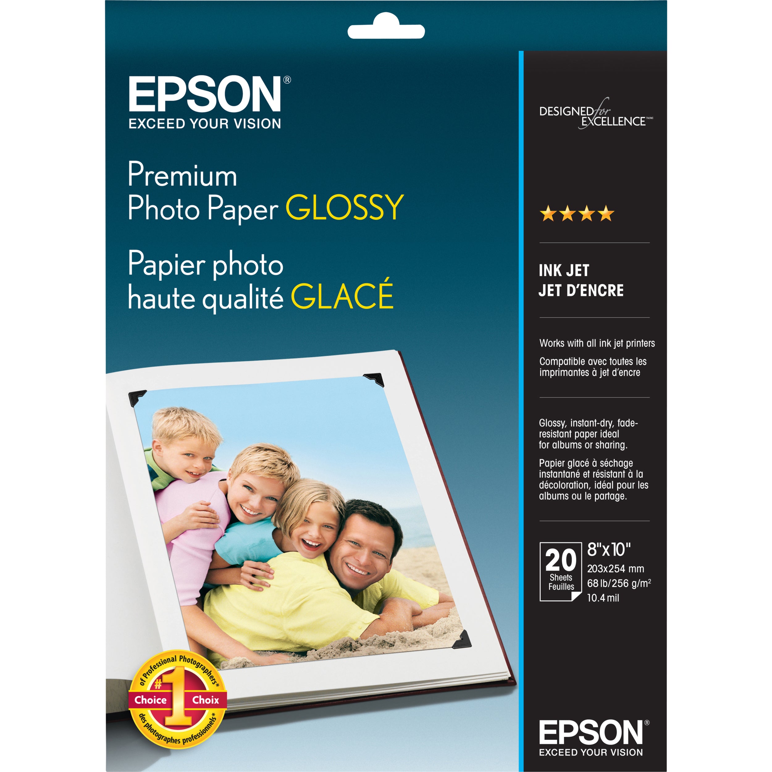 Epson Borderless Premium Photo Paper - 92 Brightness - 97% Opacity - 8" x 10" - 68 lb Basis Weight - High Gloss - White - 20 Sheet