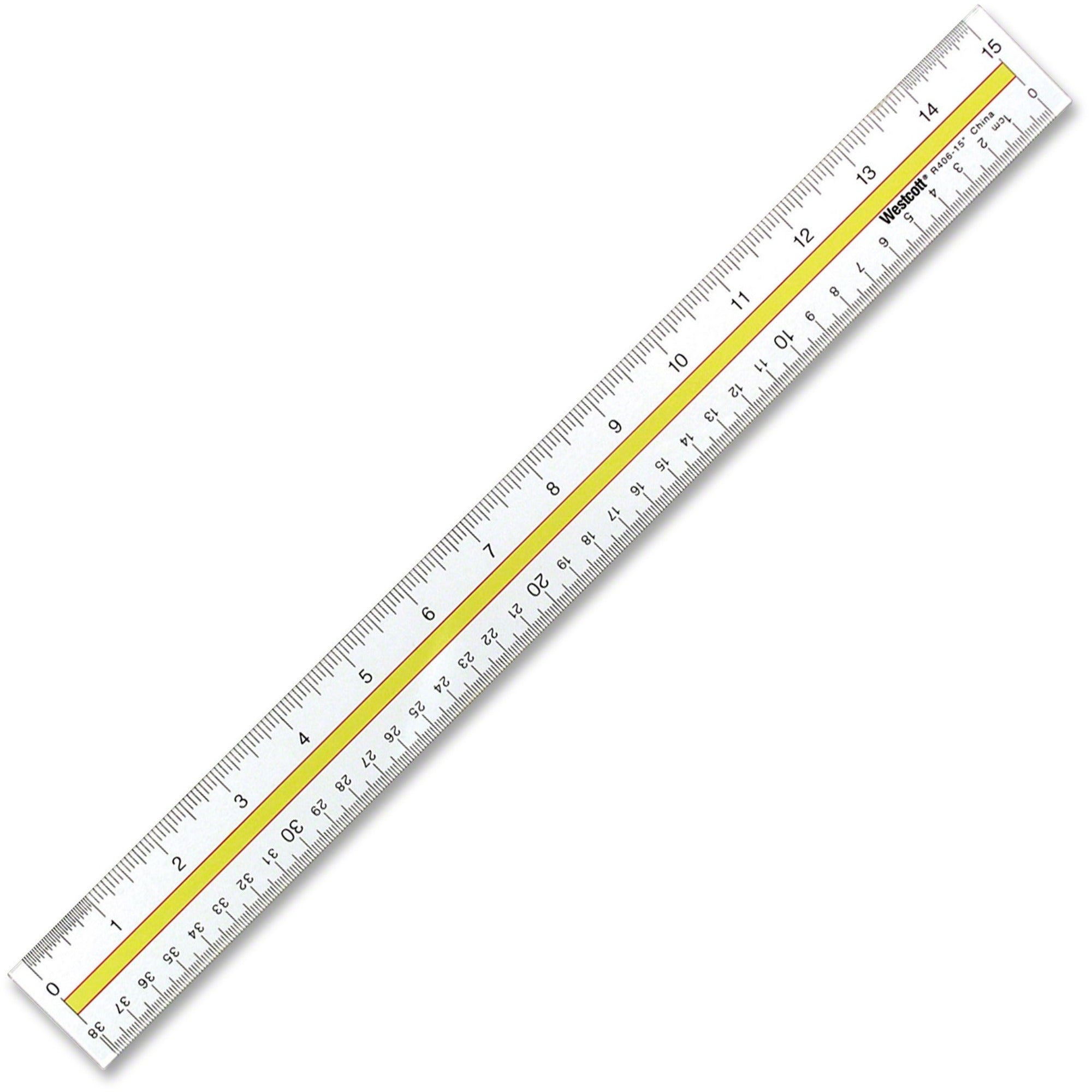 Westcott 15" Data Hightlight Ruler - 15" Length x 1" Width - Metric, Imperial Measuring System - Acrylic - Clear - 1 Each