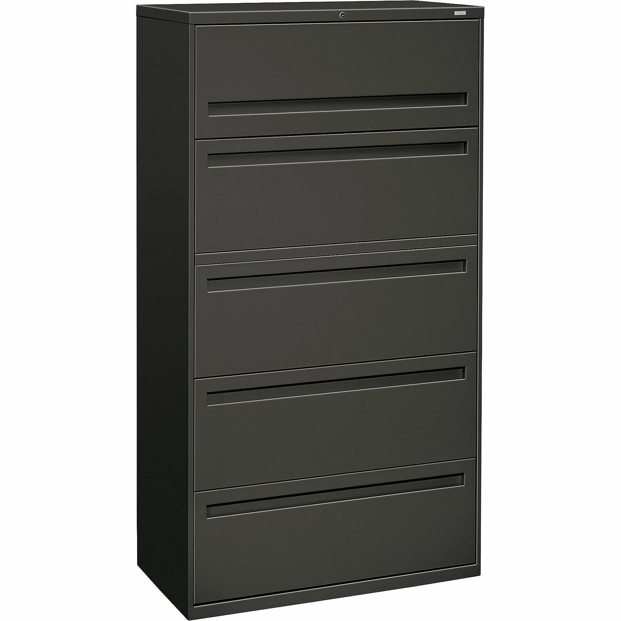HON Brigade 700 Series 5-Drawer Lateral - 36" Width x 18" Depth x 64.3" Height - 2 x Shelf(ves) - 5 x Drawer(s) - 1 x Door(s) - A4, Legal, Letter - Lateral - Interlocking - Charcoal - Steel - Recycled