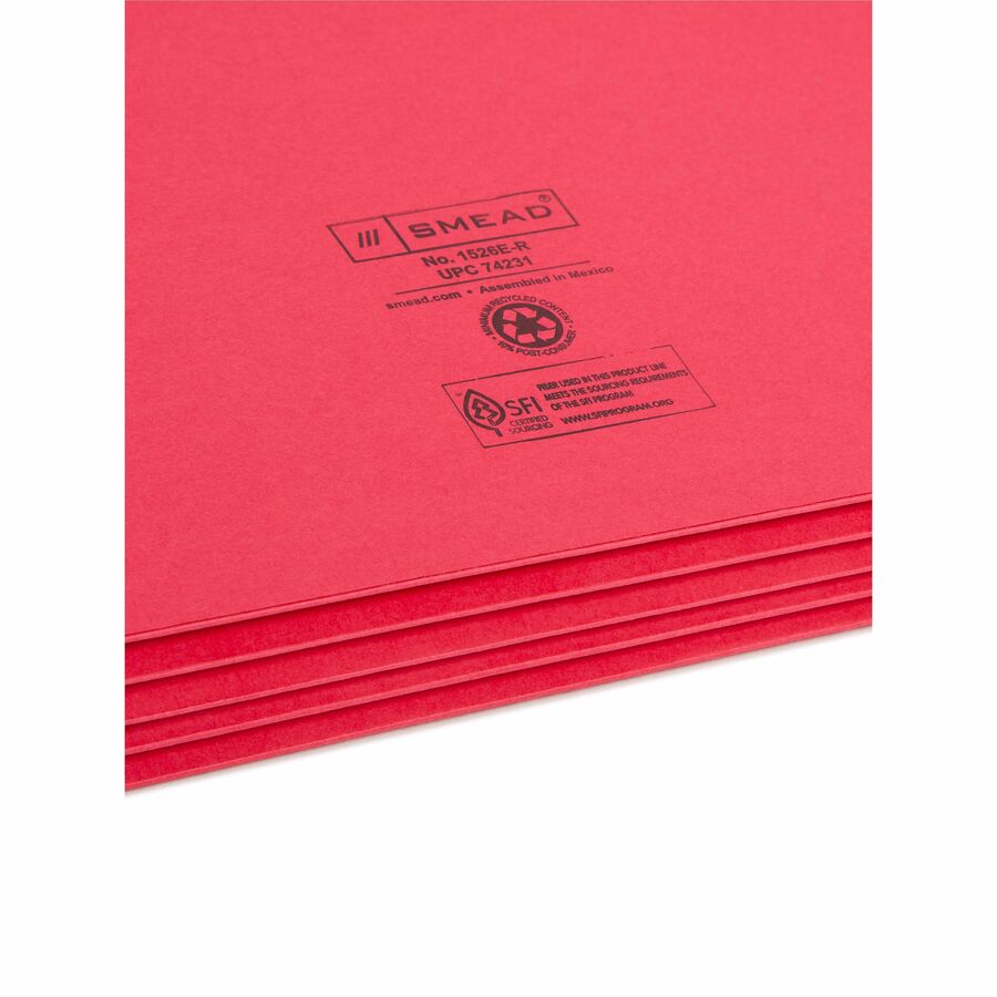 Smead Straight Tab Cut Legal Recycled File Pocket - 8 1/2" x 14" - 3 1/2" Expansion - Top Tab Location - Red - Tear Resistant - 10% Recycled - 1 Each