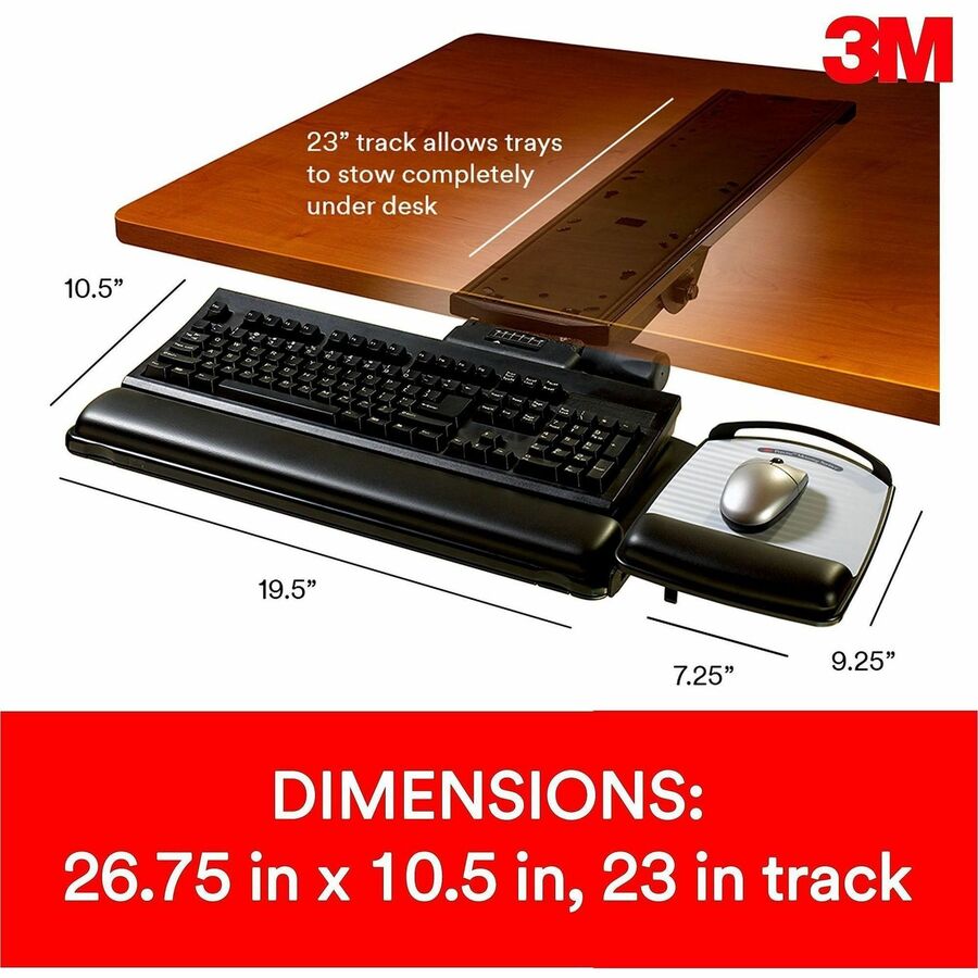 3M Sit/Stand Easy Keyboard Tray Platform Gel Wrists Precise Mouse Pad - 26.5" Width x 10.6" Depth - Black - 1