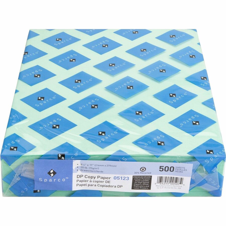 Sparco Premium Grade Pastel Color Copy Paper - Letter - 8 1/2" x 11" - 20 lb Basis Weight - Precision-cut, Lint-free, Acid-free, Archival-safe, Long Lasting - Green - 10 / Carton
