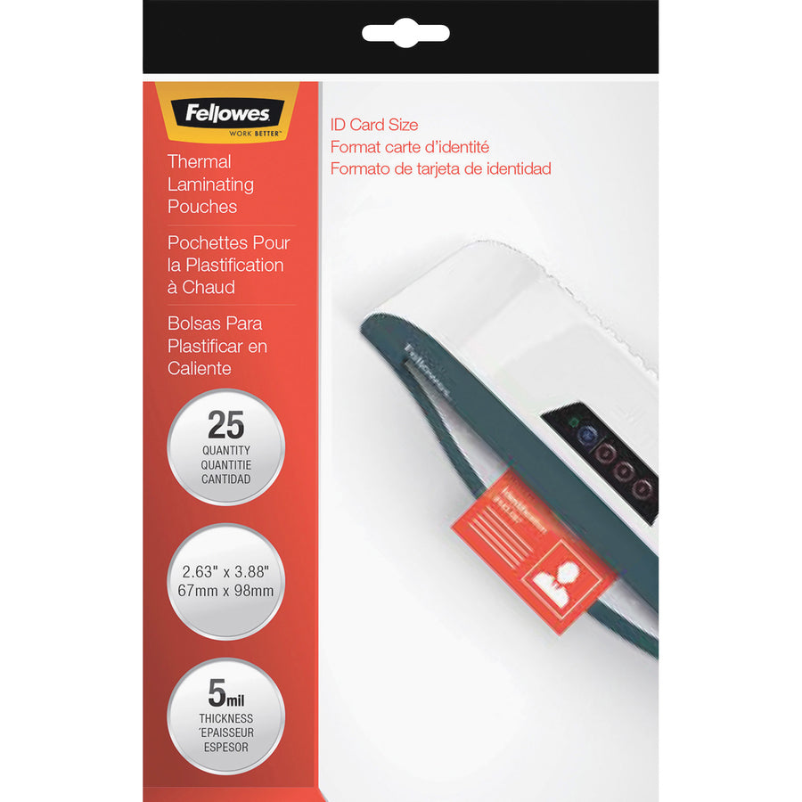 Fellowes Premium ID Size Laminating Pouches - Laminating Pouch/Sheet Size: 3.88" Width x 5 mil Thickness - Type G - Glossy - for Document, ID Card - Unpunched, Durable - Clear - 25 / Pack