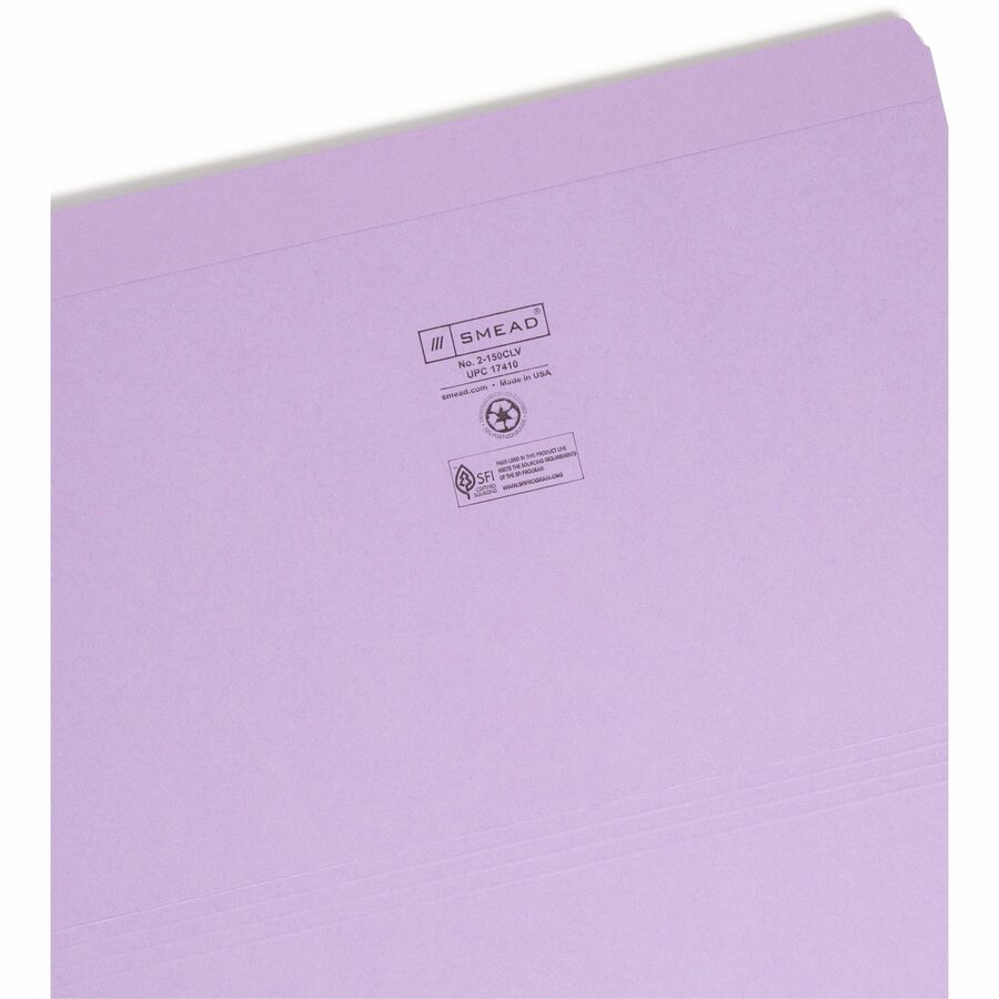 Smead Straight Tab Cut Legal Recycled Top Tab File Folder - 8 1/2" x 14" - 11 pt. - 2 Plys - Lavender - Durable, Reinforced Tab, Archival-safe, Acid-free - 10% Paper Recycled - 100 / Box