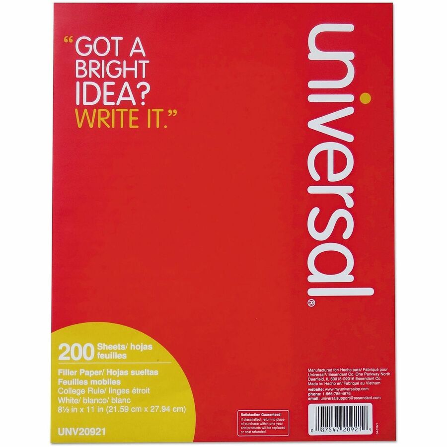 Universal Filler Paper, 3-Hole, 8.5 x 11, Medium/College Rule, 200/Pack - 200 Sheets - 16 lb Basis Weight - White Paper - 200 / Pack