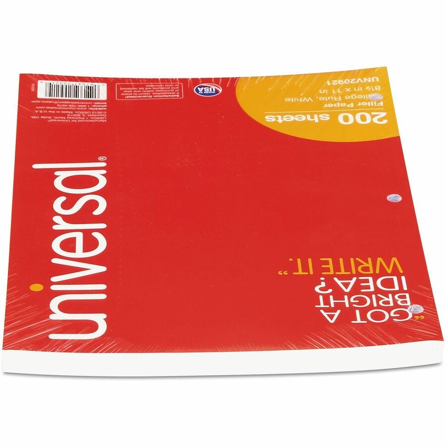 Universal Filler Paper, 3-Hole, 8.5 x 11, Medium/College Rule, 200/Pack - 200 Sheets - 16 lb Basis Weight - White Paper - 200 / Pack