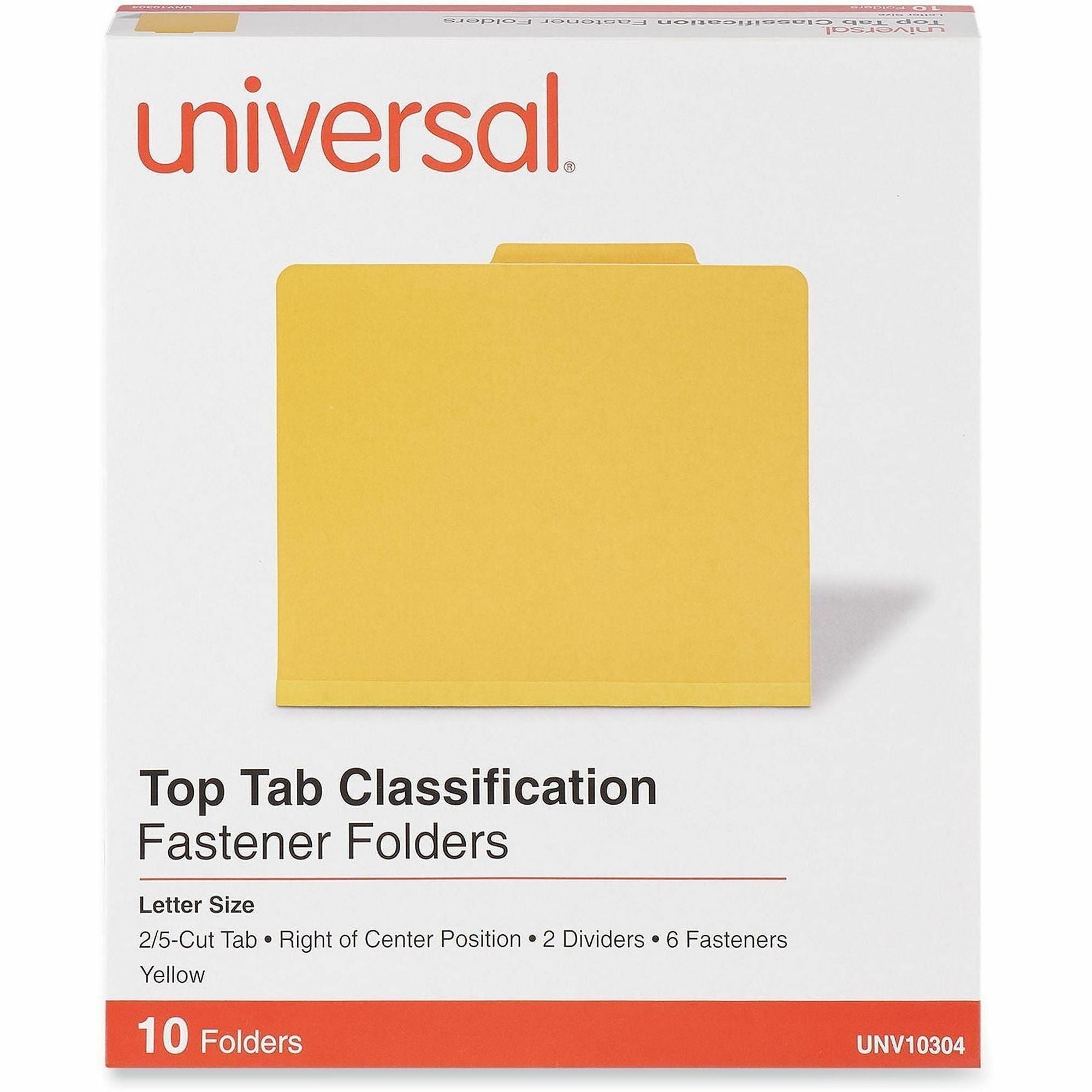 Universal 2/5 Tab Cut Letter Classification Folder - 8 1/2" x 11" - 2" Expansion - 6 Fastener(s) - 2" Fastener Capacity - Top Tab Location - Right of Center Tab Position - 2 Divider(s) - Yellow - 10 Box
