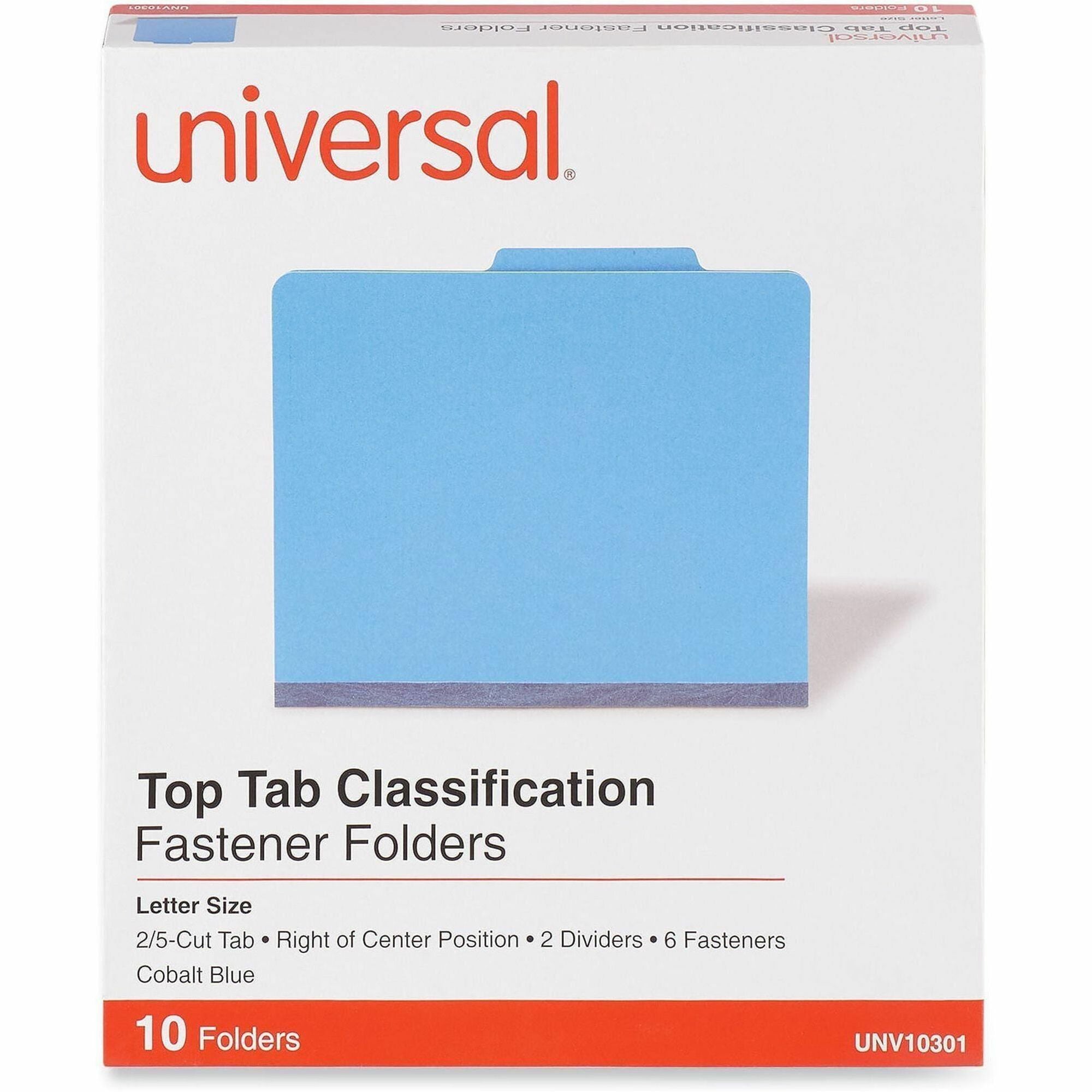 Universal 2/5 Tab Cut Letter Classification Folder - 8 1/2" x 11" - 2" Expansion - 6 Fastener(s) - 2" Fastener Capacity - Top Tab Location - Right of Center Tab Position - 2 Divider(s) - Cobalt Blue - 10 Box