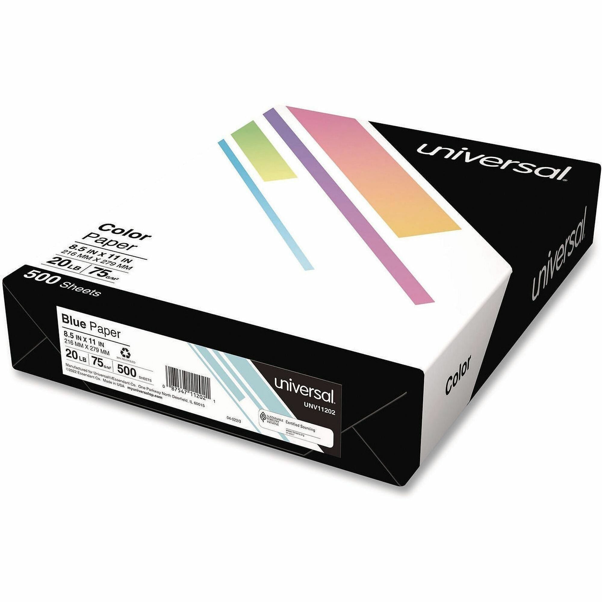 Universal Deluxe Colored Paper, 20 lb Bond Weight, 8.5 x 11, Blue, 500/Ream - 20 lb Basis Weight - 75 g/m² Grammage - Blue - 500 Sheets - 500 / Ream