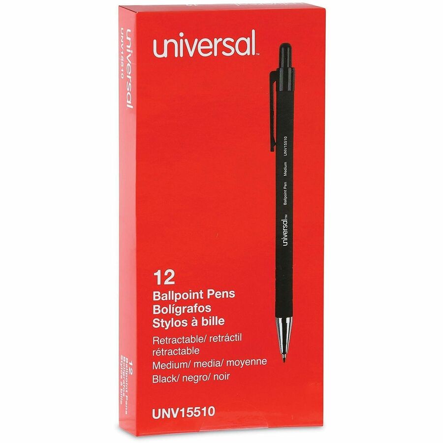 Universal Ballpoint Pen, Retractable, Medium 1 mm, Black Ink, Black Barrel, Dozen - 1 mm Medium Conical Pen Point - Retractable - Black Ink - Black Barrel - 1 Dozen