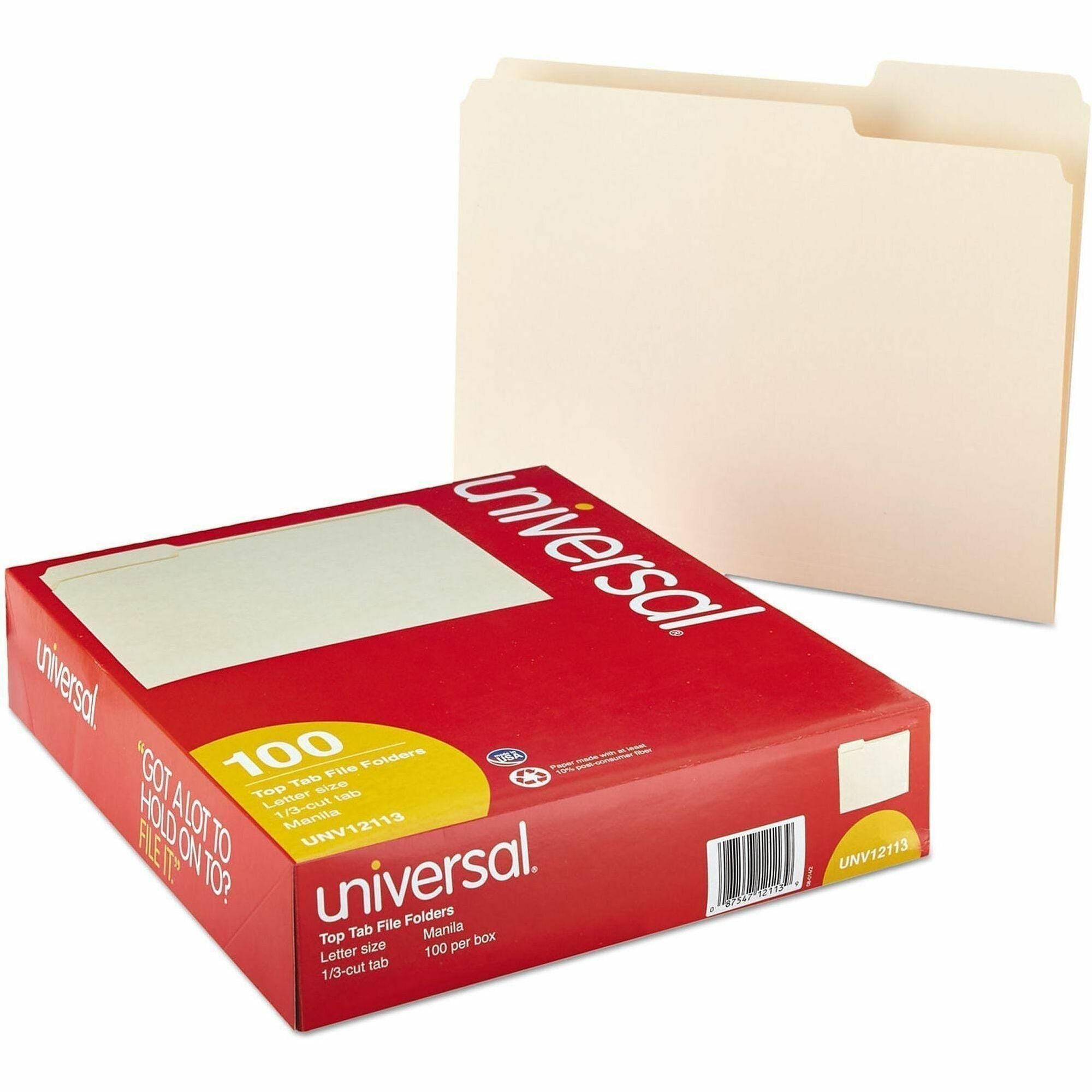 Universal 1/3 Tab Cut Letter Top Tab File Folder - 8 1/2" x 11" - 3/4" Expansion - Assorted Tab Position - 11 pt. - Manila - 100 Box