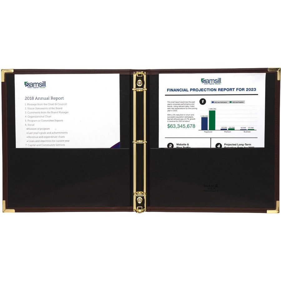Samsill Classic Collection Binder - 1" Binder Capacity - Letter - 8 1/2" x 11" Sheet Size - Fastener(s): Round Ring - Pocket(s): 2, Internal - Faux Leather, Brass, Metal - Burgundy - Flexible, Durable, Concealed Rivet - 1 Each