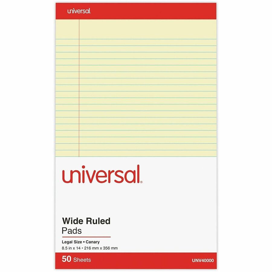 Universal Notepad - 1 Subject(s) - 50 Sheets - Tape Bound - Legal Ruled Red Margin - 16 lb Basis Weight - Legal - 8 1/2" x 14" Sheet Size - 8.5" Width - Canary Paper - 1 Dozen