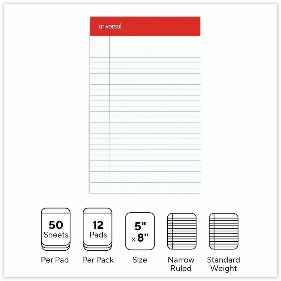 Universal Notepad - 1 Subject(s) - 50 Sheets - Tape Bound - Legal Ruled Red Margin - 16 lb Basis Weight - 5" x 8" Sheet Size - 5" Width - White Paper - 1 Dozen