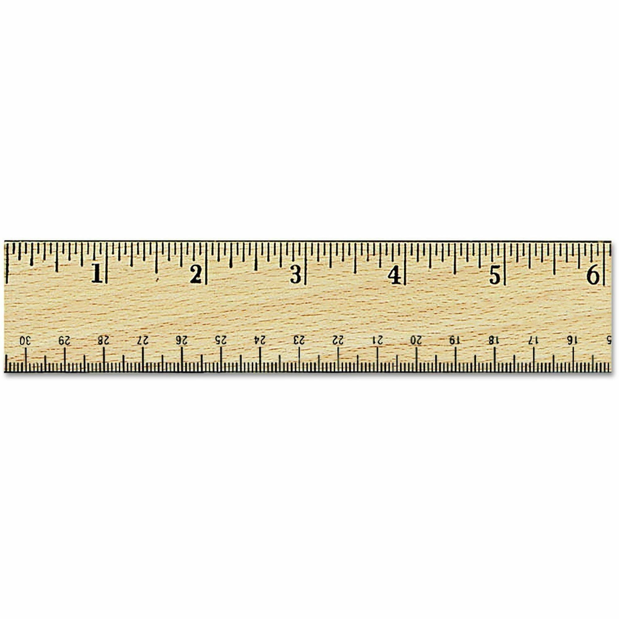 Universal Flat Wood Ruler with Double Metal Edge, 12" , Clear Lacquer Finish - 12" Length x 1.4" Width - 1/16, 1/32 Graduations - Metric, Standard Measuring System - Wood - Clear - 1 Each