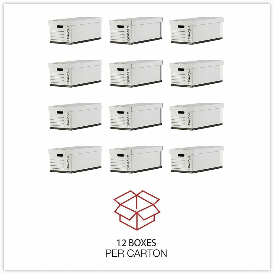 Universal Medium-Duty Easy Assembly Storage Box, Letter Files, White, 12/Carton - Internal Dimensions: 12.25" Width x 23.75" Depth x 10.25" Height - Media Size Supported: Letter - Lift-off Closure - Medium Duty - Stackable - Corrugated Fiberboard - Whi...