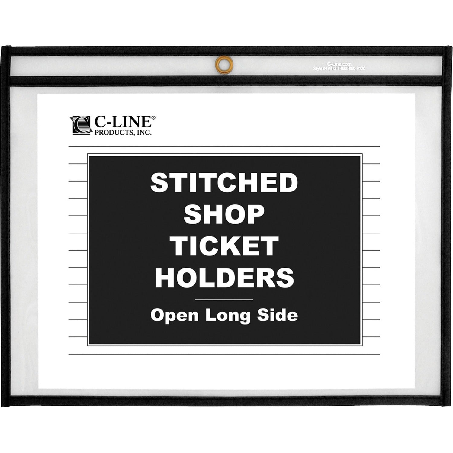 C-Line Side Load Stitched Shop Ticket Holders - Support 9" x 12" Media - Vinyl - Black, Clear - Sturdy, Reinforced, Heavyweight - 25 / Box