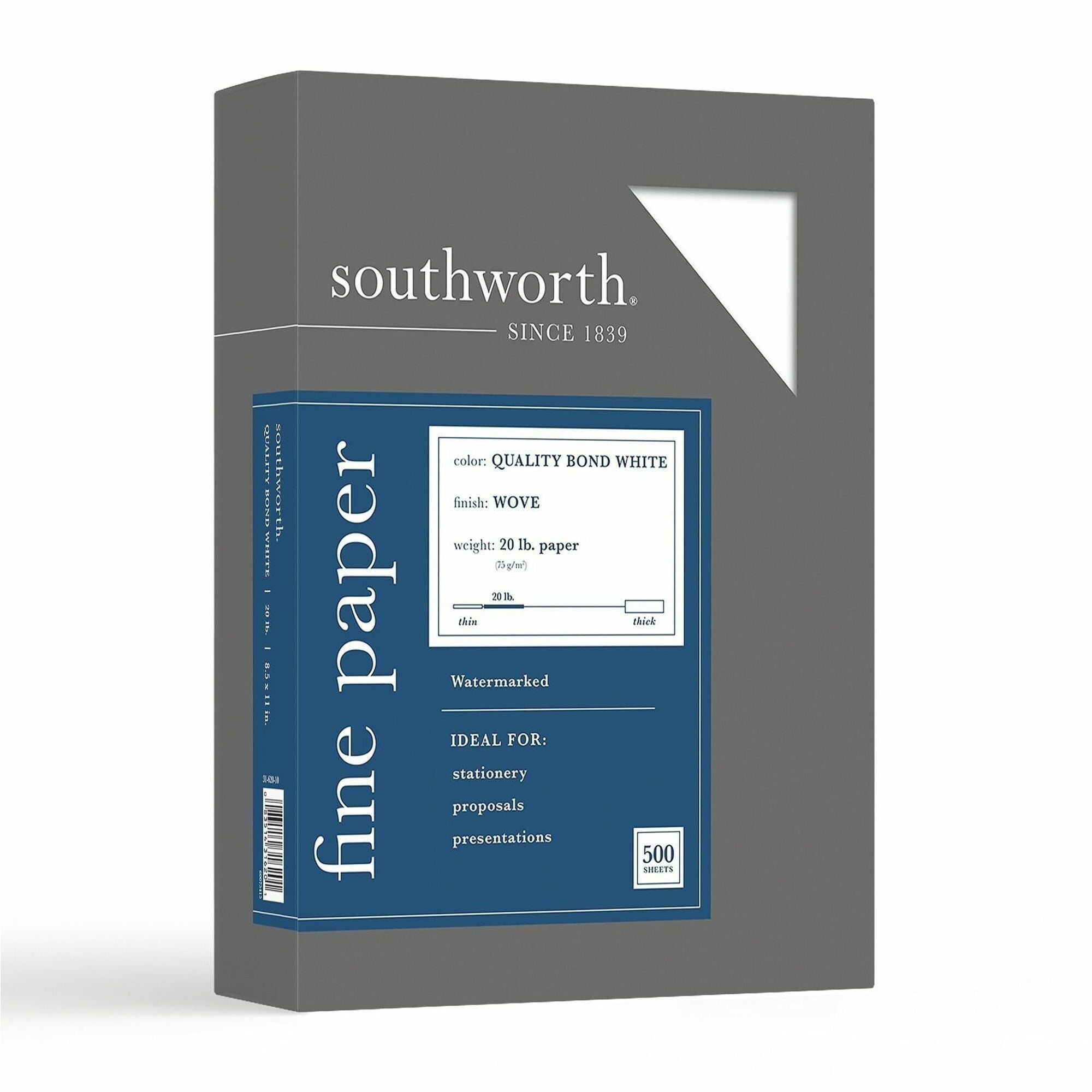 Southworth Quality Bond Paper - White - Letter - 8 1/2" x 11" - 20 lb Basis Weight - Wove - Watermarked, Acid-free, Date-coded - White - 500 / Ream