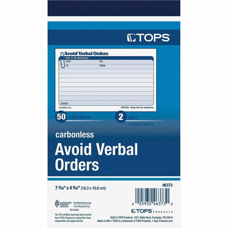 TOPS Avoid Verbal Orders Book - 50 Sheet(s) - 2 Part - Carbonless Copy - 4.25" x 7" Form Size - White - 1 Each