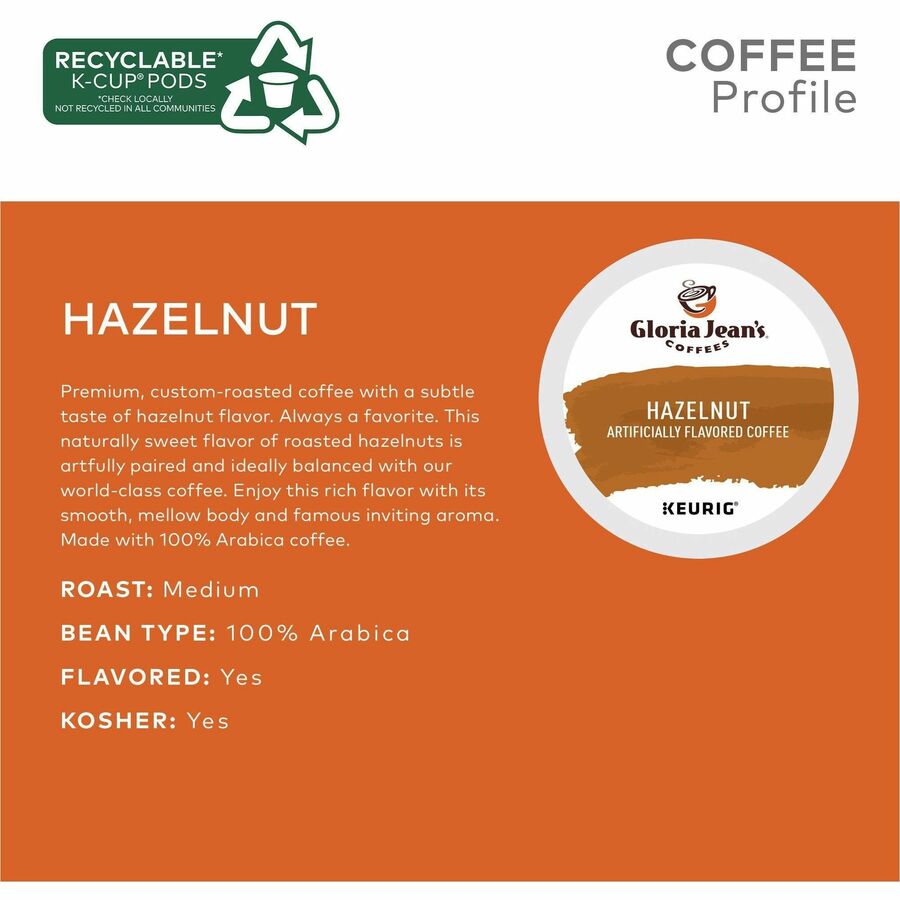 Gloria Jean's K-Cup, Pod Hazelnut Keurig Single-Serve K-Cup Pods, Medium Roast Coffee, 24 Count - Compatible with Keurig Brewer - Regular - Medium - K-Cup, Pod - Hazelnut - Kosher - 24 / Box