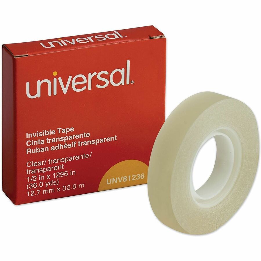 Universal Invisible Tape, 1" Core, 0.5" x 36 yds, Clear - 36 yd Length x 0.50" Width x 2 mil Thickness - 1" Core - Matte - Clear - Acrylic - Plastic Backing - 1 Roll