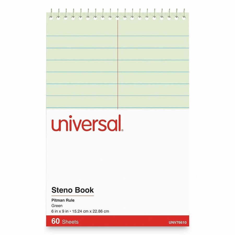 Universal Steno Pads, Pitman Rule, Red Cover, 60 Green-Tint 6 x 9 Sheets - 1 Subject(s) - 60 Sheets - Spiral - Pitman Ruled Front Ruling - 16 lb Basis Weight - 9" Height x 6" Width - Green Tint Paper