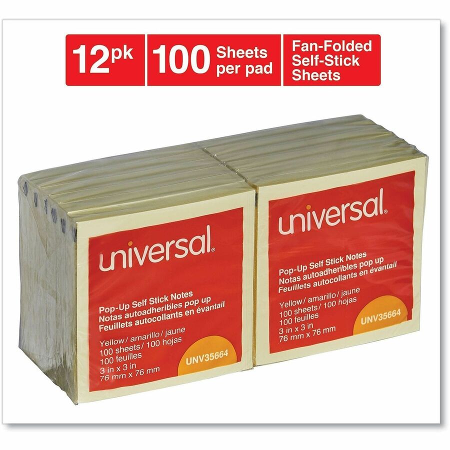 Universal Note Pad - 100 x Yellow - 3" Flag/Note Width x 3" Flag/Note Length - Square - 100 Sheets per Pad - Yellow - Self-stick, Residue-free, Fanfold, Pop-up, Repositionable, Adhesive - 12 / Pack
