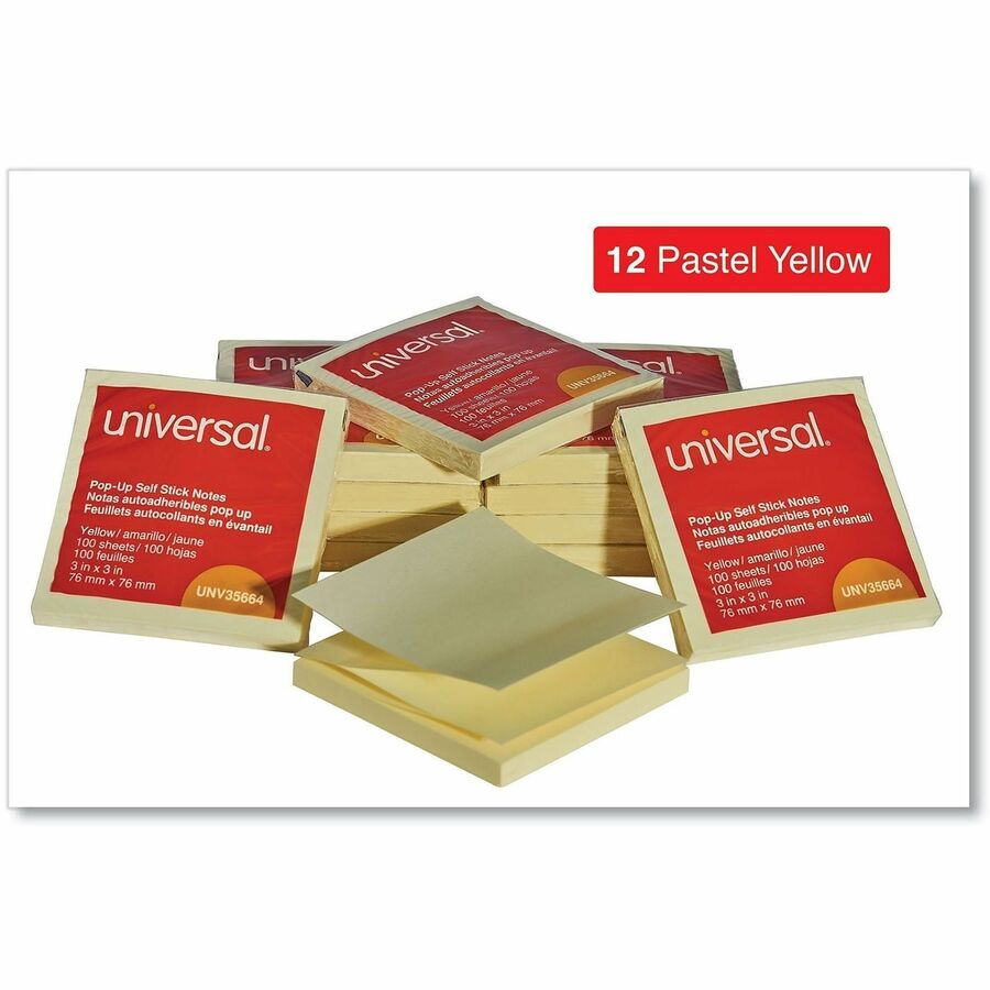 Universal Note Pad - 100 x Yellow - 3" Flag/Note Width x 3" Flag/Note Length - Square - 100 Sheets per Pad - Yellow - Self-stick, Residue-free, Fanfold, Pop-up, Repositionable, Adhesive - 12 / Pack