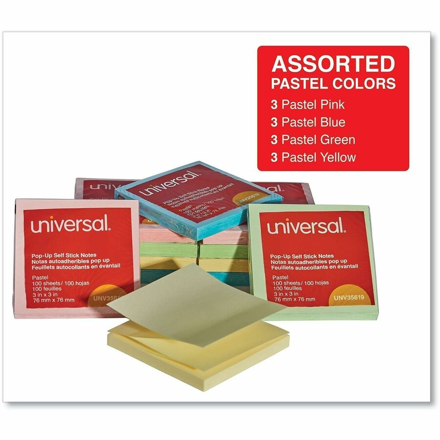 Universal Note Pad - 100 x Assorted Pastel - 3" Flag/Note Width x 3" Flag/Note Length - Square - 100 Sheets per Pad - Pastel Assorted - Self-stick, Residue-free, Fanfold, Pop-up, Repositionable, Adhesive - 12 / Pack