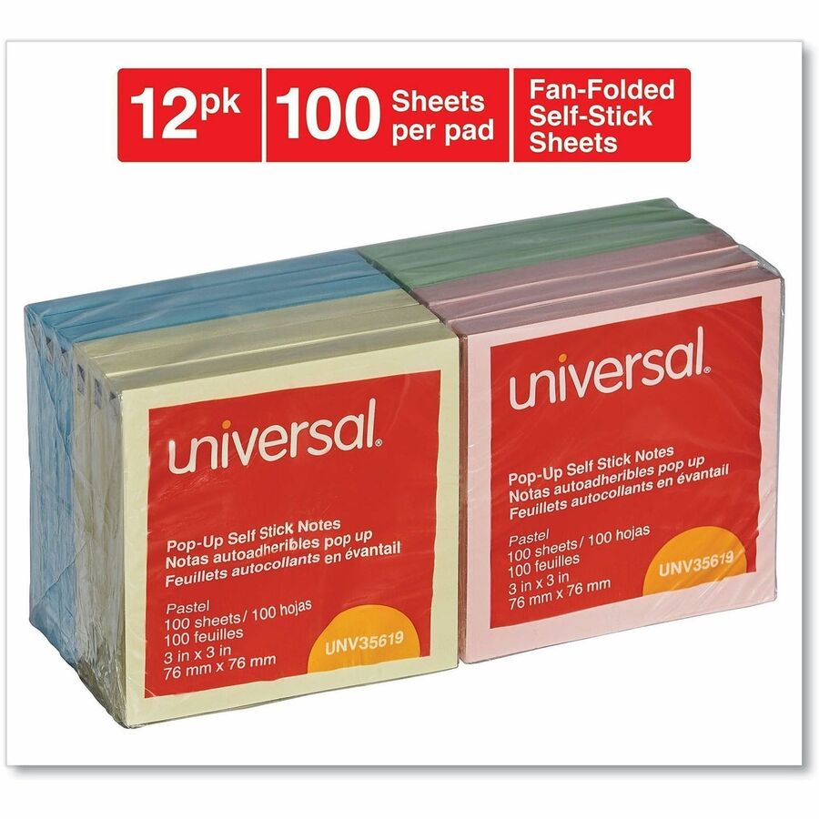 Universal Note Pad - 100 x Assorted Pastel - 3" Flag/Note Width x 3" Flag/Note Length - Square - 100 Sheets per Pad - Pastel Assorted - Self-stick, Residue-free, Fanfold, Pop-up, Repositionable, Adhesive - 12 / Pack