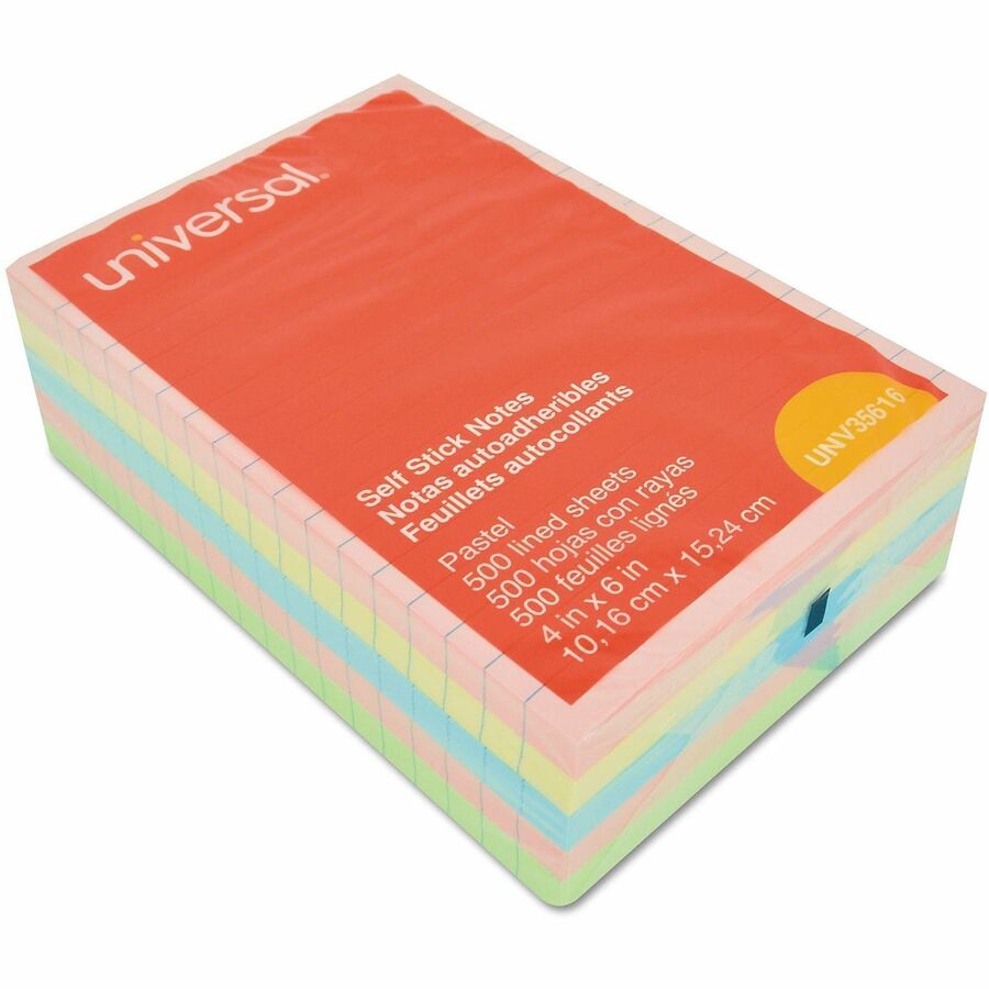 Universal Note Pad - 100 x Assorted Pastel - 4" Flag/Note Width x 6" Flag/Note Length - Rectangle - 100 Sheets per Pad - Ruled - Assorted Pastel - Self-stick, Residue-free - 5 / Pack