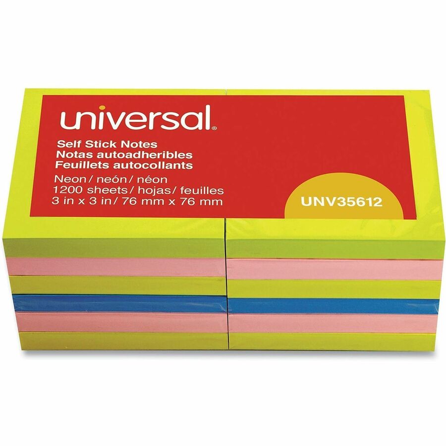 Universal Note Pad - 100 x Assorted Neon - 3" Flag/Note Width x 3" Flag/Note Length - Square - 100 Sheets per Pad - Neon Assorted - Self-stick, Residue-free, Fanfold, Pop-up, Repositionable, Adhesive - 12 / Pack