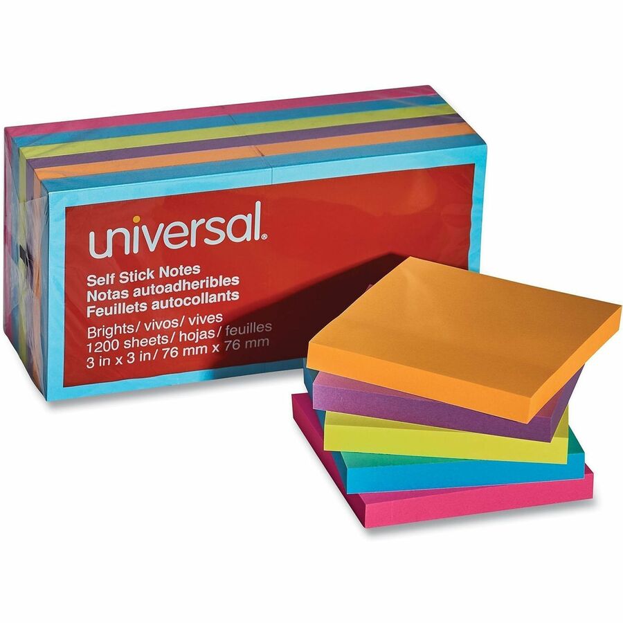 Universal Note Pad - 100 x Bright Assorted - 3" Flag/Note Width x 3" Flag/Note Length - Square - 100 Sheets per Pad - Assorted Bright - Self-stick, Residue-free - 12 / Pack