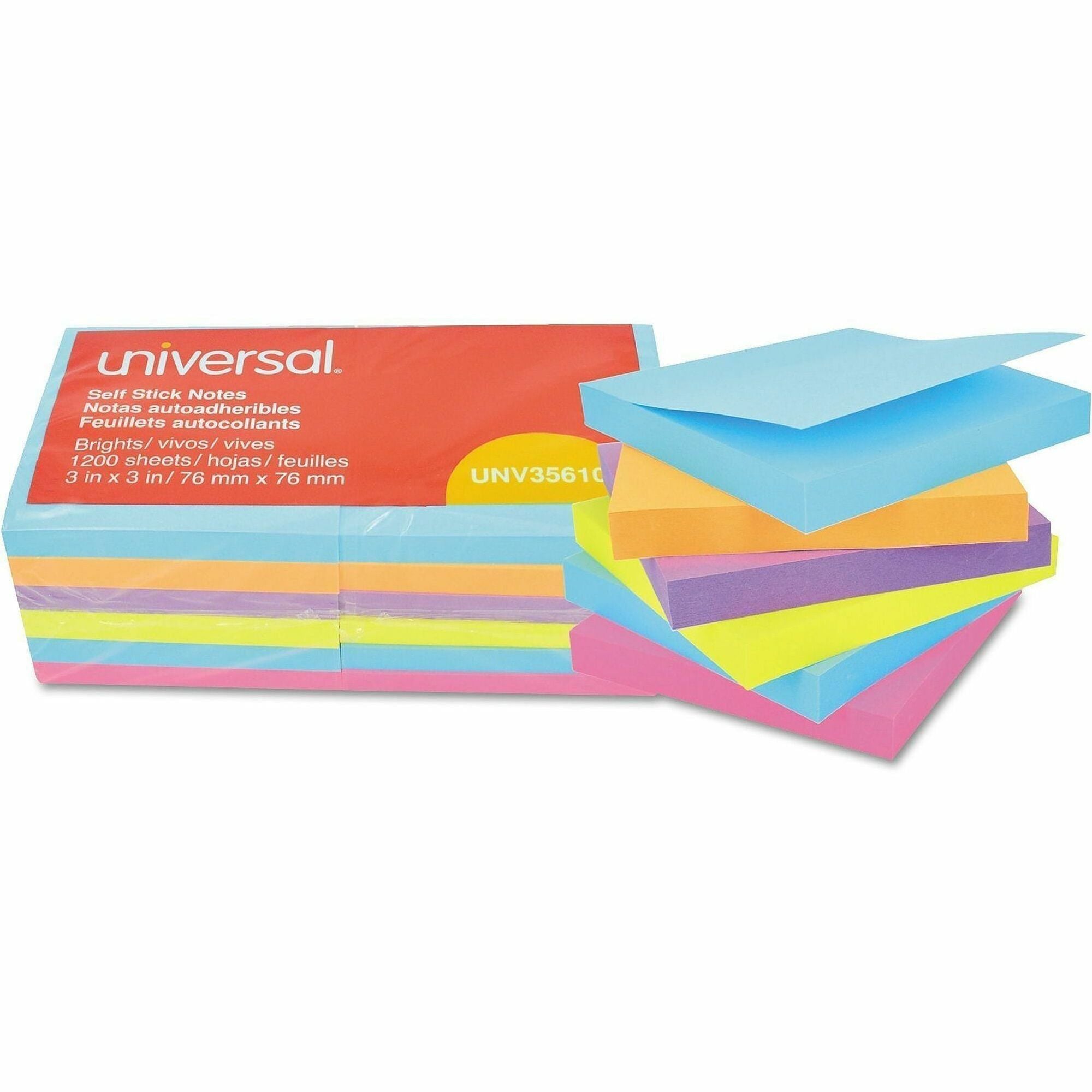 Universal Note Pad - 100 x Bright Assorted - 3" Flag/Note Width x 3" Flag/Note Length - Square - 100 Sheets per Pad - Assorted Bright - Self-stick, Residue-free - 12 / Pack