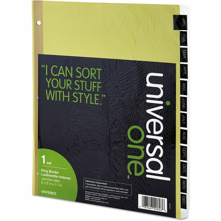 Universal Index Divider - 1 x Divider(s) - 12 Printed Side Tab(s) - Month - Jan-Dec - 8.5" Divider Width x 11" Divider Length - Letter - 3 Hole Punched - Buff Paper Divider - Black Simulated Leather Tab(s) - 20% Recycled - Mylar Reinforced Edge - 1 Set