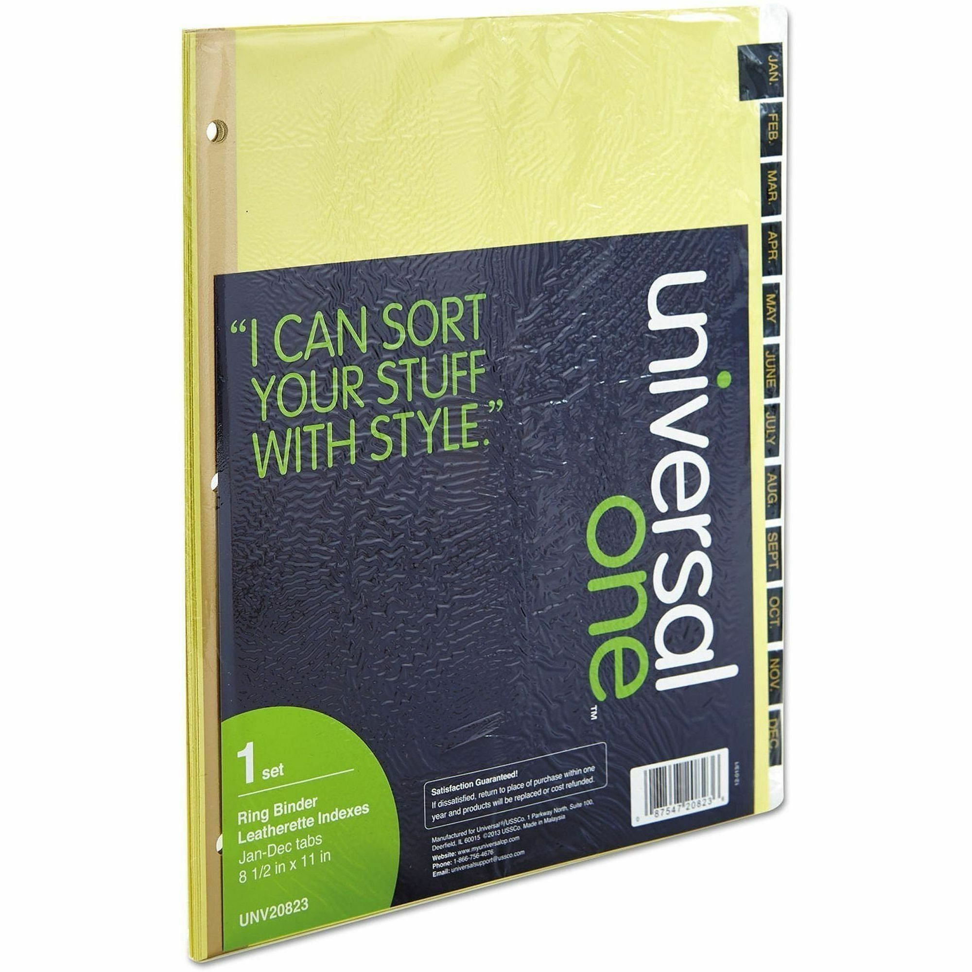 Universal Index Divider - 1 x Divider(s) - 12 Printed Side Tab(s) - Month - Jan-Dec - 8.5" Divider Width x 11" Divider Length - Letter - 3 Hole Punched - Buff Paper Divider - Black Simulated Leather Tab(s) - 20% Recycled - Mylar Reinforced Edge - 1 Set
