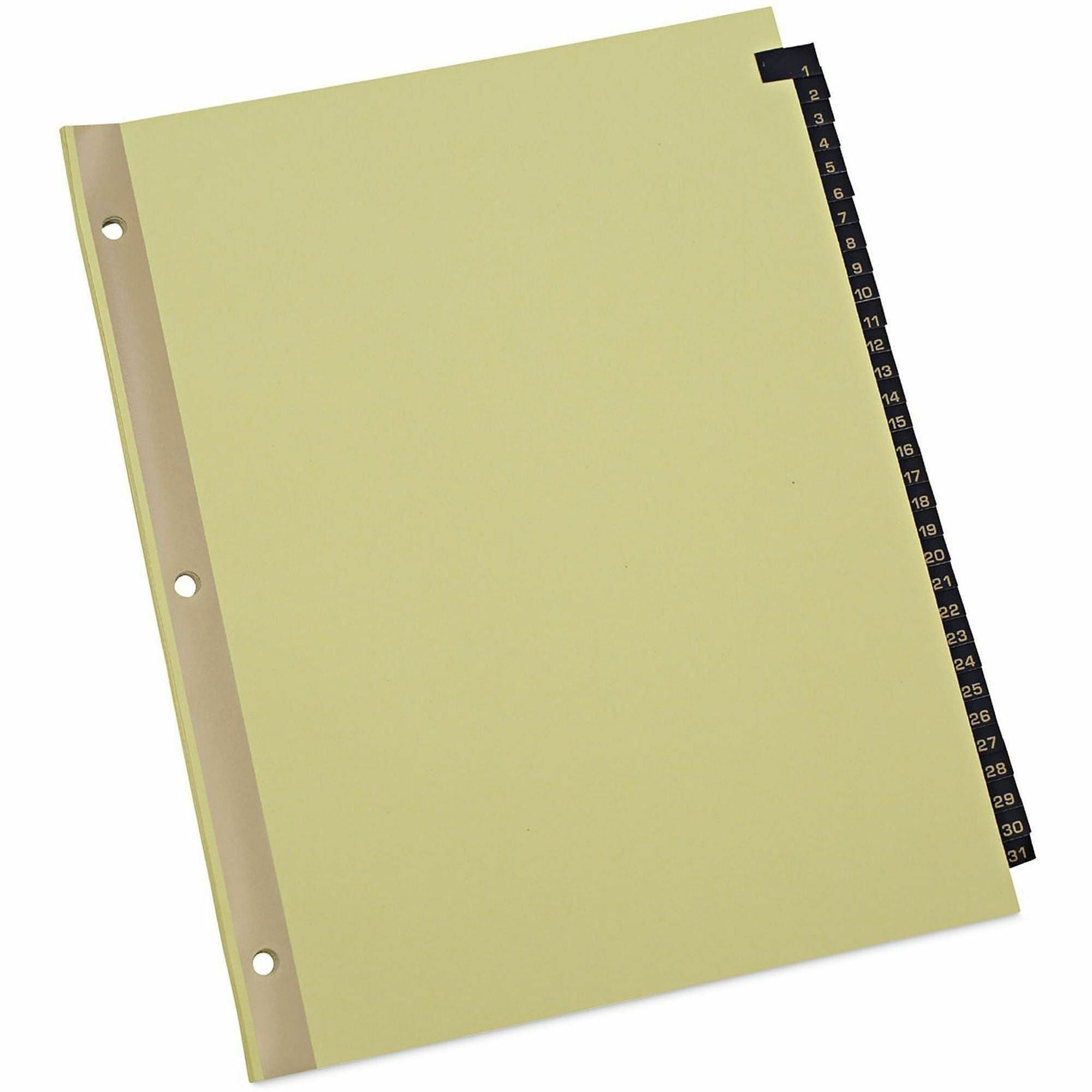 Universal Index Divider - 31 Printed Side Tab(s) - Digit - 1-31 - 8.5" Divider Width x 11" Divider Length - Letter - 3 Hole Punched - Buff Paper Divider - Black Simulated Leather Tab(s) - 20% Recycled - Mylar Reinforced Edge - 1 / Set