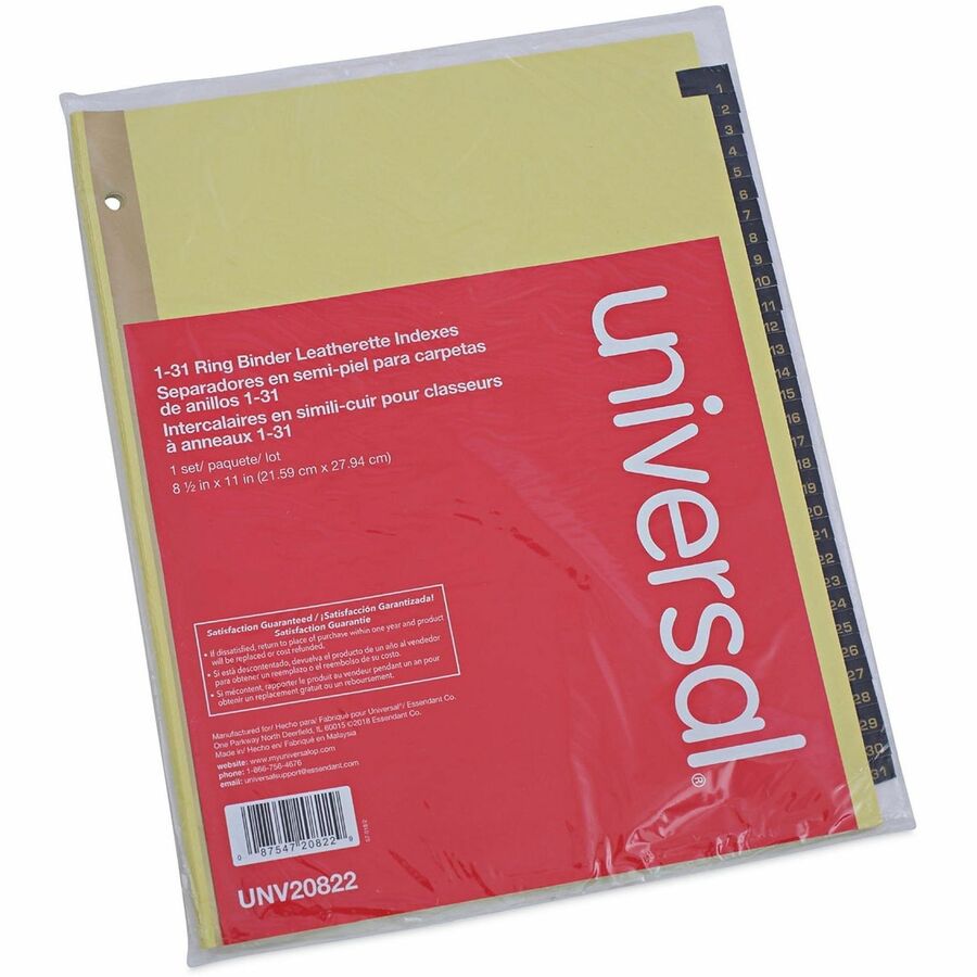 Universal Index Divider - 31 Printed Side Tab(s) - Digit - 1-31 - 8.5" Divider Width x 11" Divider Length - Letter - 3 Hole Punched - Buff Paper Divider - Black Simulated Leather Tab(s) - 20% Recycled - Mylar Reinforced Edge - 1 / Set