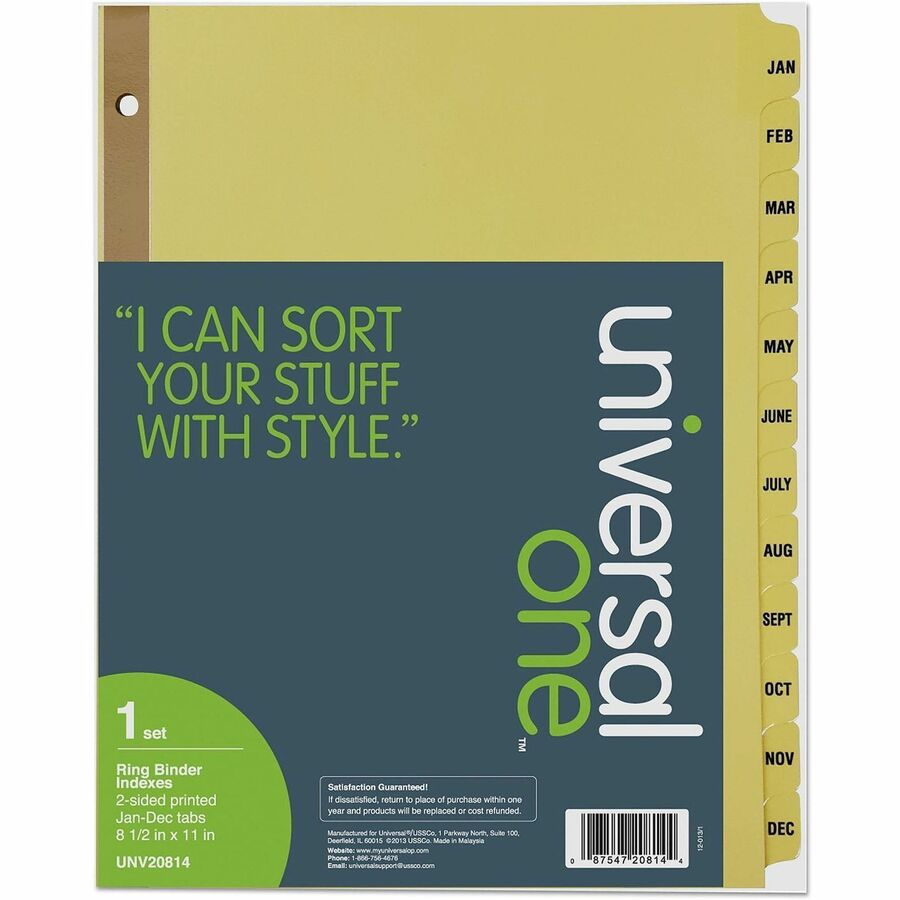 Universal Index Divider - 12 Printed Side Tab(s) - Month - Jan-Dec - 8.5" Divider Width x 11" Divider Length - Letter - 3 Hole Punched - Buff Paper Divider - Clear Buff Paper Tab(s) - 20% Recycled - Mylar Reinforced Edge, Laminated Tab - 1 / Set