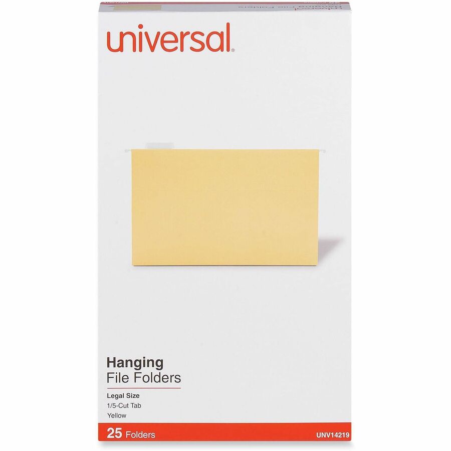 Universal 1/5 Tab Cut Legal Hanging Folder - Assorted Tab Position - 11 pt. - Stock - Yellow - 25 / Box