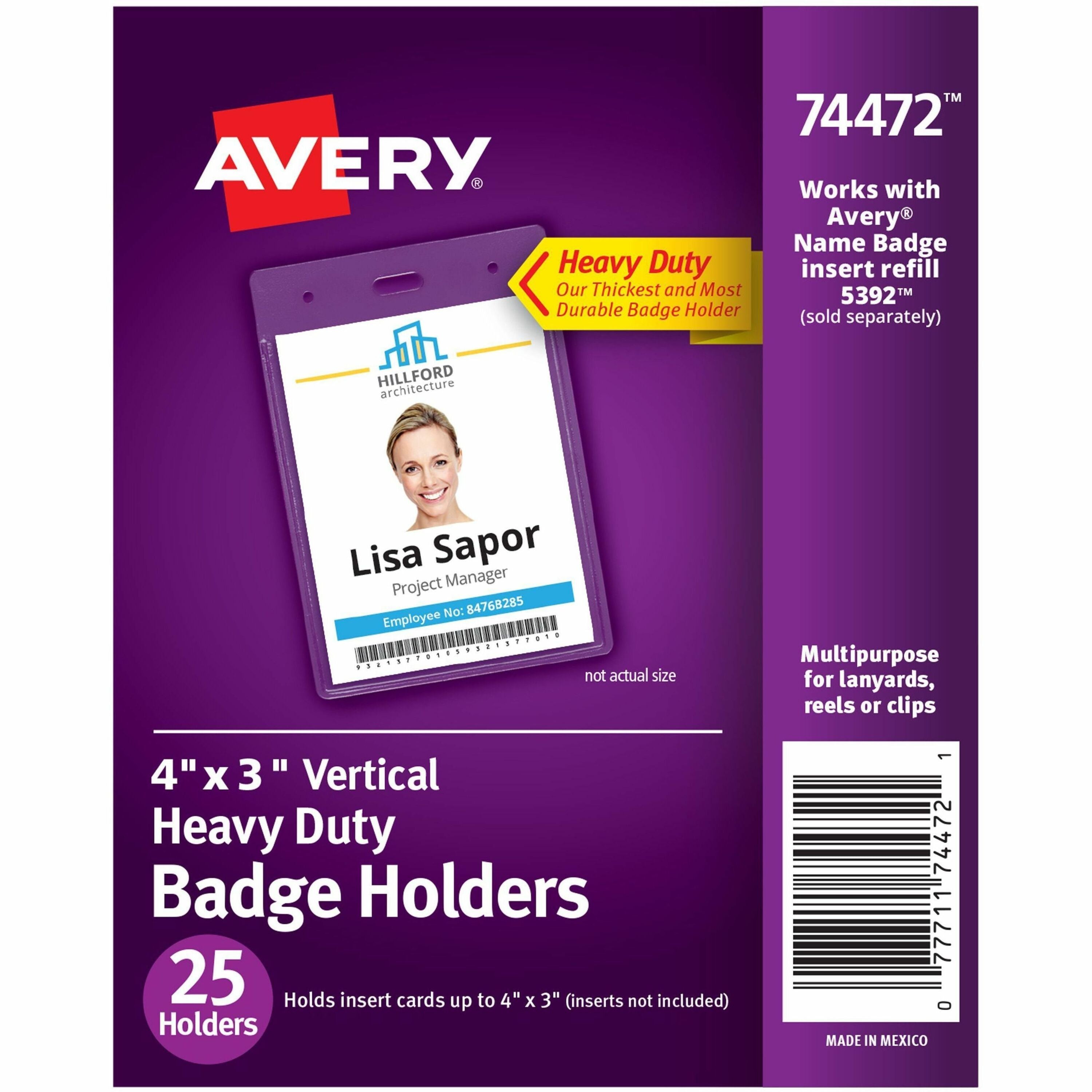 Avery® Name Badge Holder - Support 4" x 3" Media - Portrait - 3.9" Height x 2.6" Width x 0.5" Depth - Polyvinyl Chloride (PVC) - Clear - Reusable, Durable, Top Loading, Secure, Heavy Duty - 25 / Pack