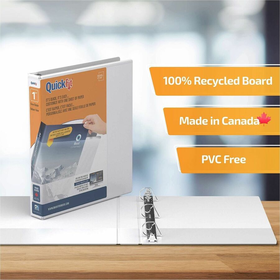 QuickFit View Binder, 3-Ring Binder, Angle D Ring, 1 Inch, White - 1" Binder Capacity - Letter - 8 1/2" x 11" Sheet Size - 225 Sheet Capacity - 3 x 1" Ring(s) - Fastener(s): D-Ring - Polypropylene - White - Recycled - Clear Overlay - 1 Each
