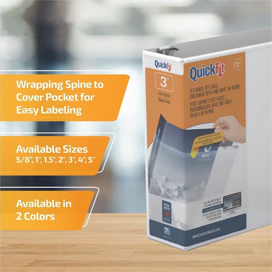 QuickFit View Binder, 3-Ring Binder, Angle D Ring, 3 Inch, White - 3" Binder Capacity - Letter - 8 1/2" x 11" Sheet Size - 625 Sheet Capacity - 3 x 3" Ring(s) - Fastener(s): D-Ring - Polypropylene - White - Recycled - Clear Overlay - 1 Each