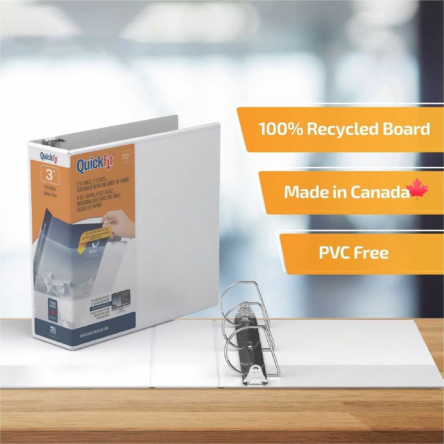 QuickFit View Binder, 3-Ring Binder, Angle D Ring, 3 Inch, White - 3" Binder Capacity - Letter - 8 1/2" x 11" Sheet Size - 625 Sheet Capacity - 3 x 3" Ring(s) - Fastener(s): D-Ring - Polypropylene - White - Recycled - Clear Overlay - 1 Each