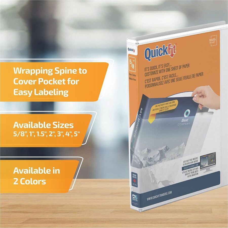 QuickFit View Binder, 3-Ring Binder, Angle D Ring, 5/8 Inch, White - 5/8" Binder Capacity - Letter - 8 1/2" x 11" Sheet Size - 150 Sheet Capacity - 3 x 0.63" Ring(s) - Fastener(s): D-Ring - Pocket(s): Internal - Polypropylene - White - Recycled - Clear...
