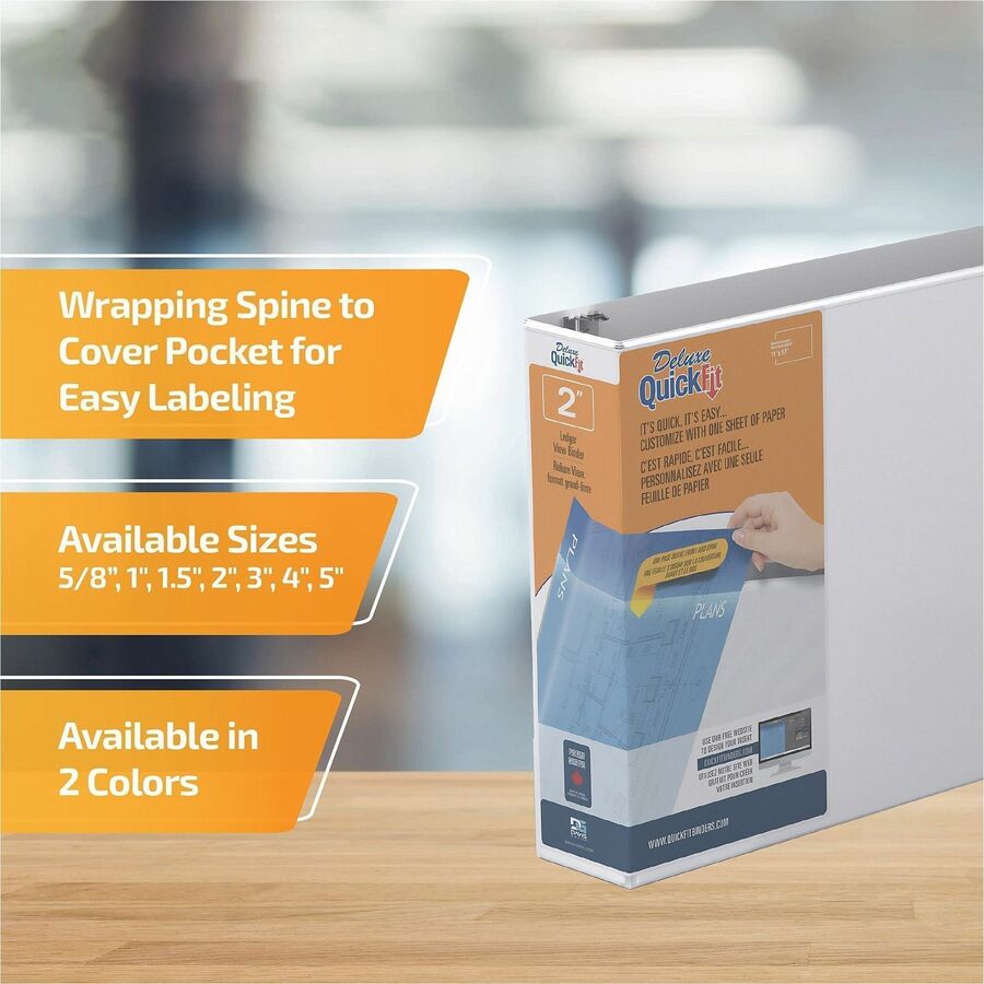 QuickFit Heavy-Duty Landscape 3-Ring Binder, D-Ring, View Binder, 2 Inch, White - 2" Binder Capacity - 11" x 17" Sheet Size - 475 Sheet Capacity - 3 x 2" Ring(s) - Fastener(s): D-Ring - Pocket(s): Internal - Polypropylene - White - Recycled - Clear Ove...