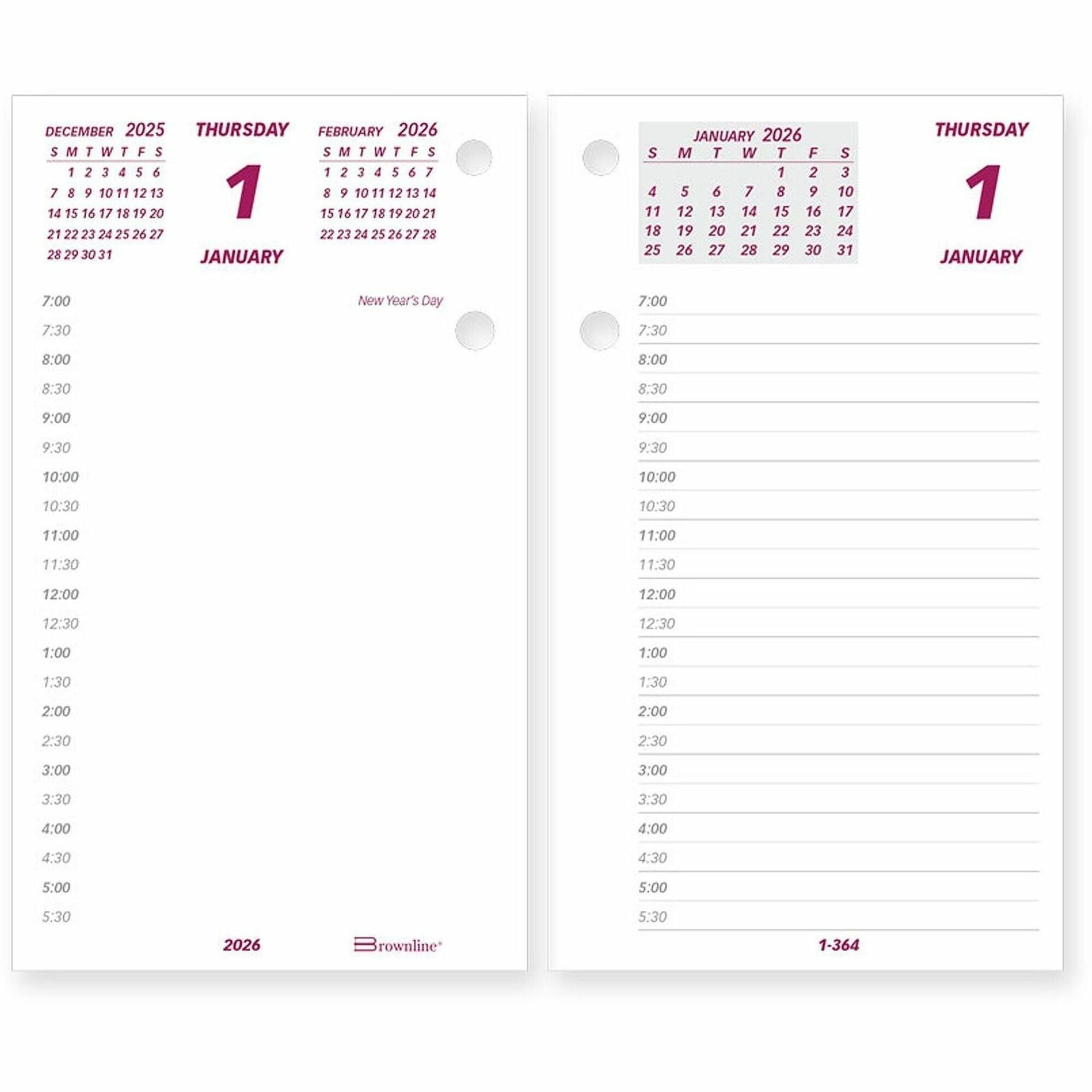 Brownline Daily Calendar Refill for C2S Stand, English - Daily - 12 Month - January 2026 to December 2026 - 7:00 AM to 6:30 PM - Half-hourly - 1 Day Double Page Layout - 6" x 3 1/2" Sheet Size - White - Paper - Reference Calendar, Unruled - 1 Each