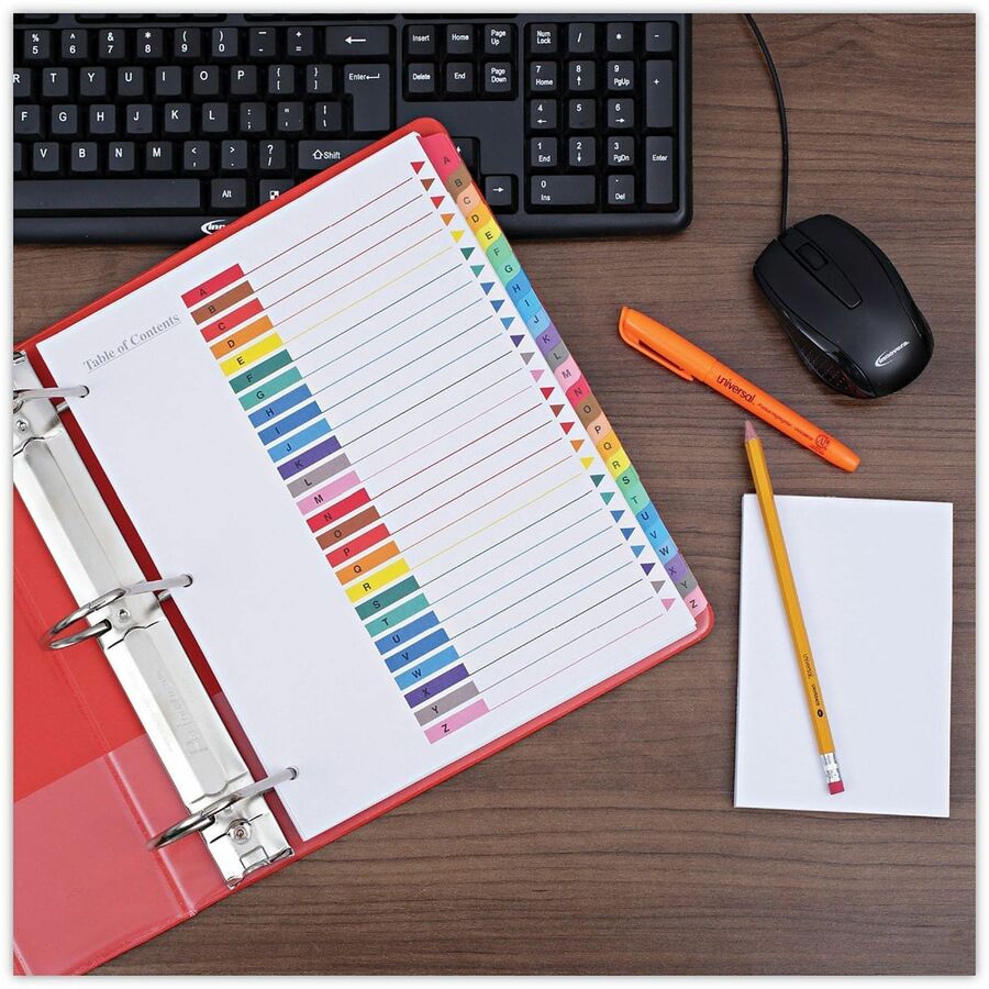 Universal Index Divider - 26 Printed Side Tab(s) - Character - A-Z - 8.5" Divider Width x 11" Divider Length - Letter - 3 Hole Punched - White Paper Divider - Assorted Paper Tab(s) - 30% Recycled - Double-sided, Mylar Reinforced Edge, Laminated Tab - 1...
