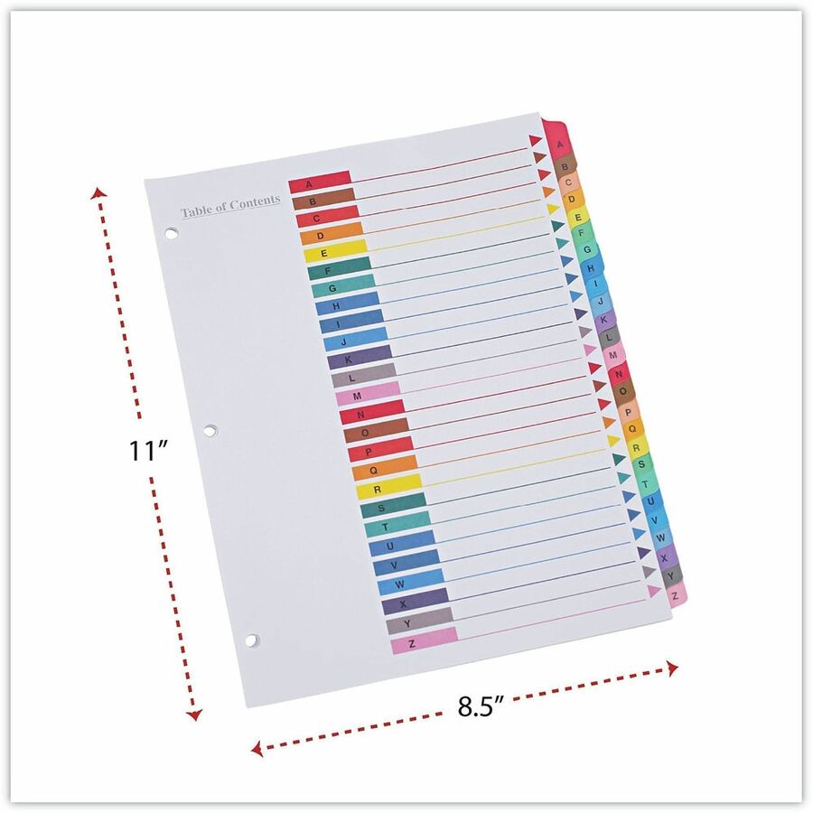 Universal Index Divider - 26 Printed Side Tab(s) - Character - A-Z - 8.5" Divider Width x 11" Divider Length - Letter - 3 Hole Punched - White Paper Divider - Assorted Paper Tab(s) - 30% Recycled - Double-sided, Mylar Reinforced Edge, Laminated Tab - 1...