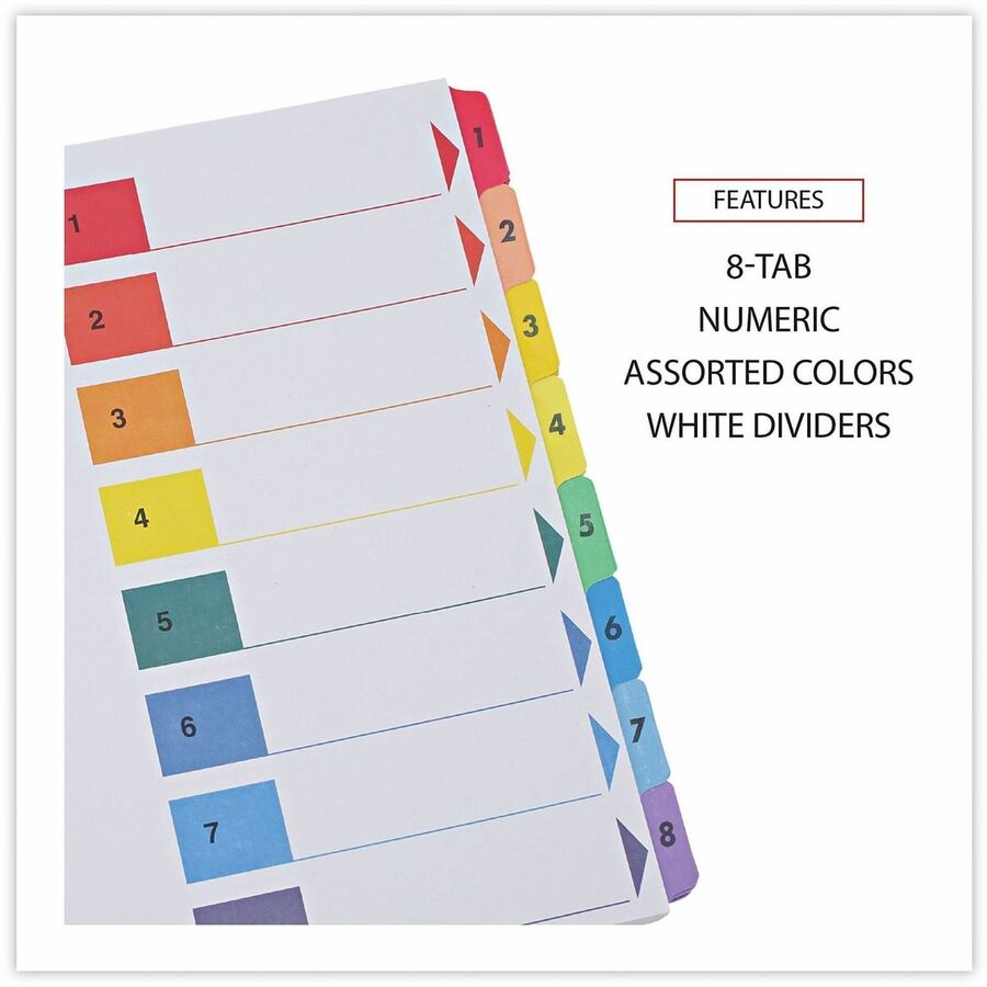 Universal Index Divider - 8 Printed Side Tab(s) - Digit - 1-8, Table of Contents - 8.5" Divider Width x 11" Divider Length - Letter - 3 Hole Punched - White Paper Divider - Assorted Paper Tab(s) - 30% Recycled - Double-sided, Mylar Reinforced Edge, Lam...